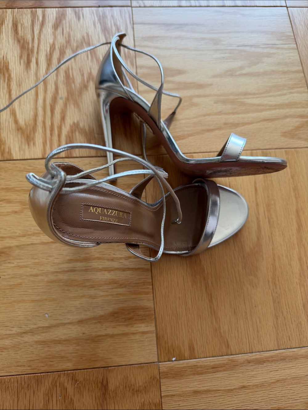 Aquazzura Linda Silver Metallic Lace-Up Stiletto Sandals 37